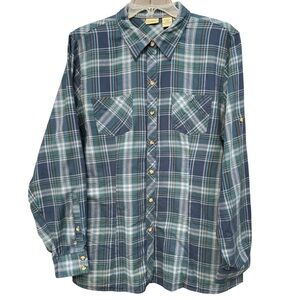 L.L. Bean Men’s Tartan Plaid Shirt Blue Green Cotton Tab Sleeve Large
